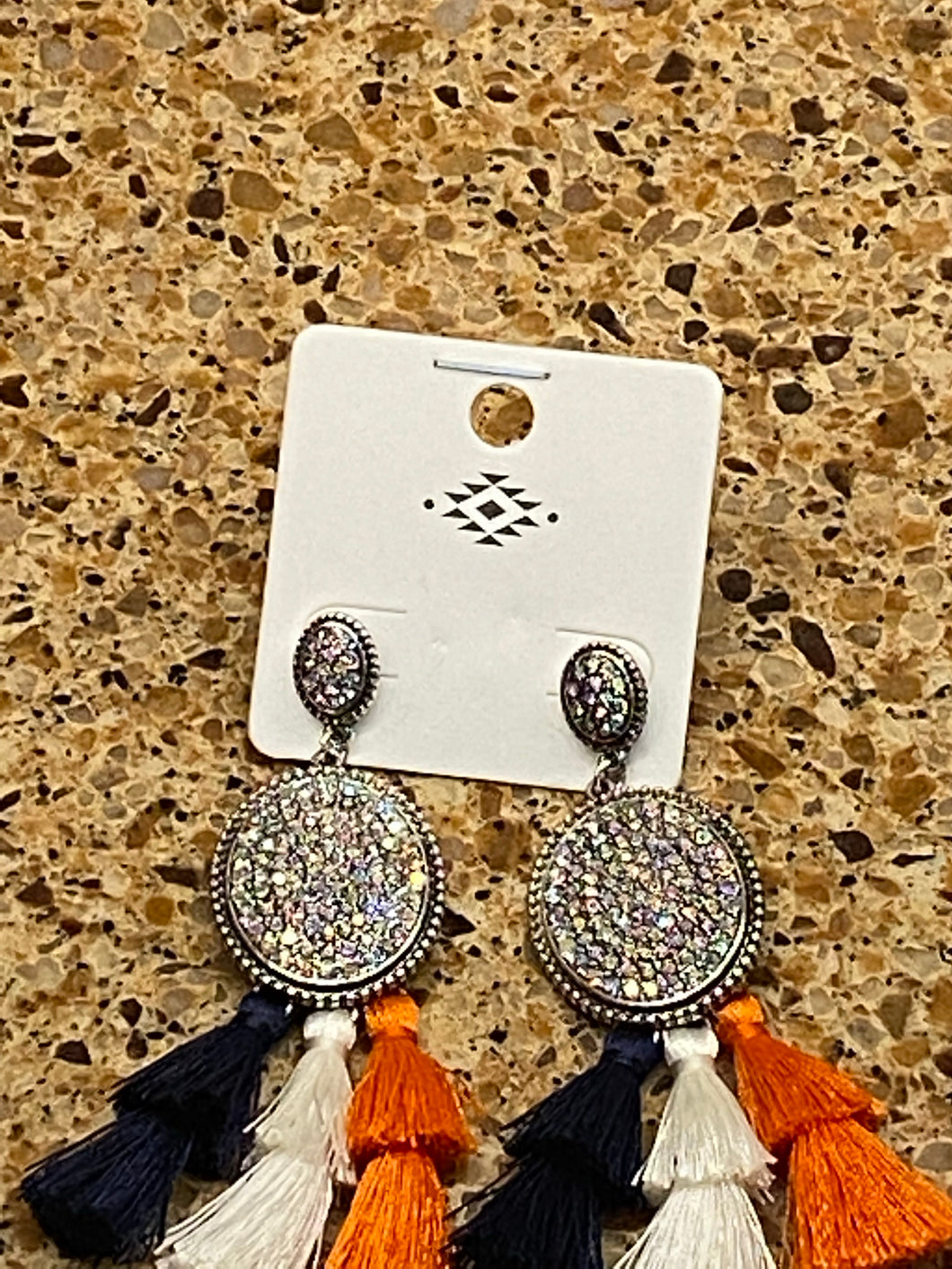 Crystal Pave Orange & Navy Tassel Fringe Earrings