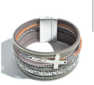 Faux Leather Rhinestone Cross Magnetic Bracelet